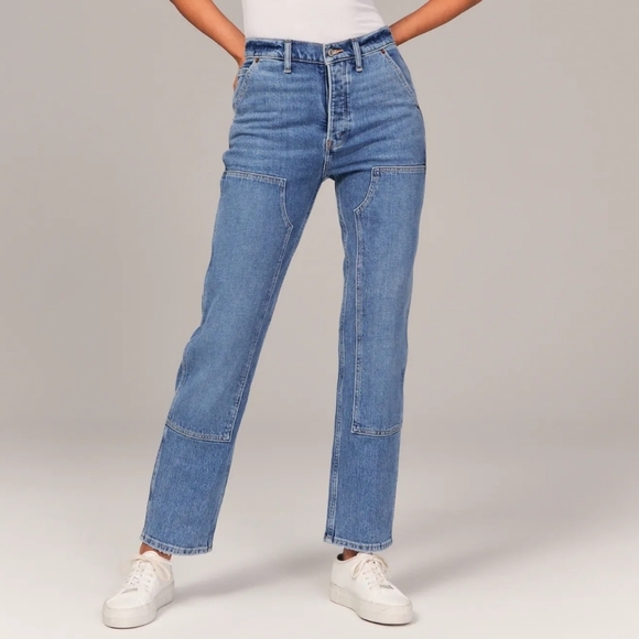 Abercrombie & Fitch Blue Dad High Rise Carpenter Straight Leg Jeans - Picture 2 of 12